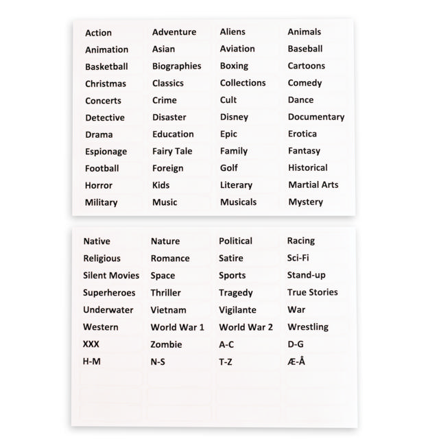 DVD Dividers with Labels with Pre-printed Film Genres
