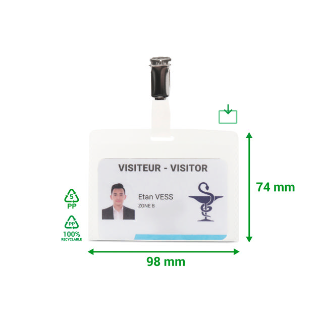Visitor Badge Kit, PP, with Clips and Inserts, Horizontal