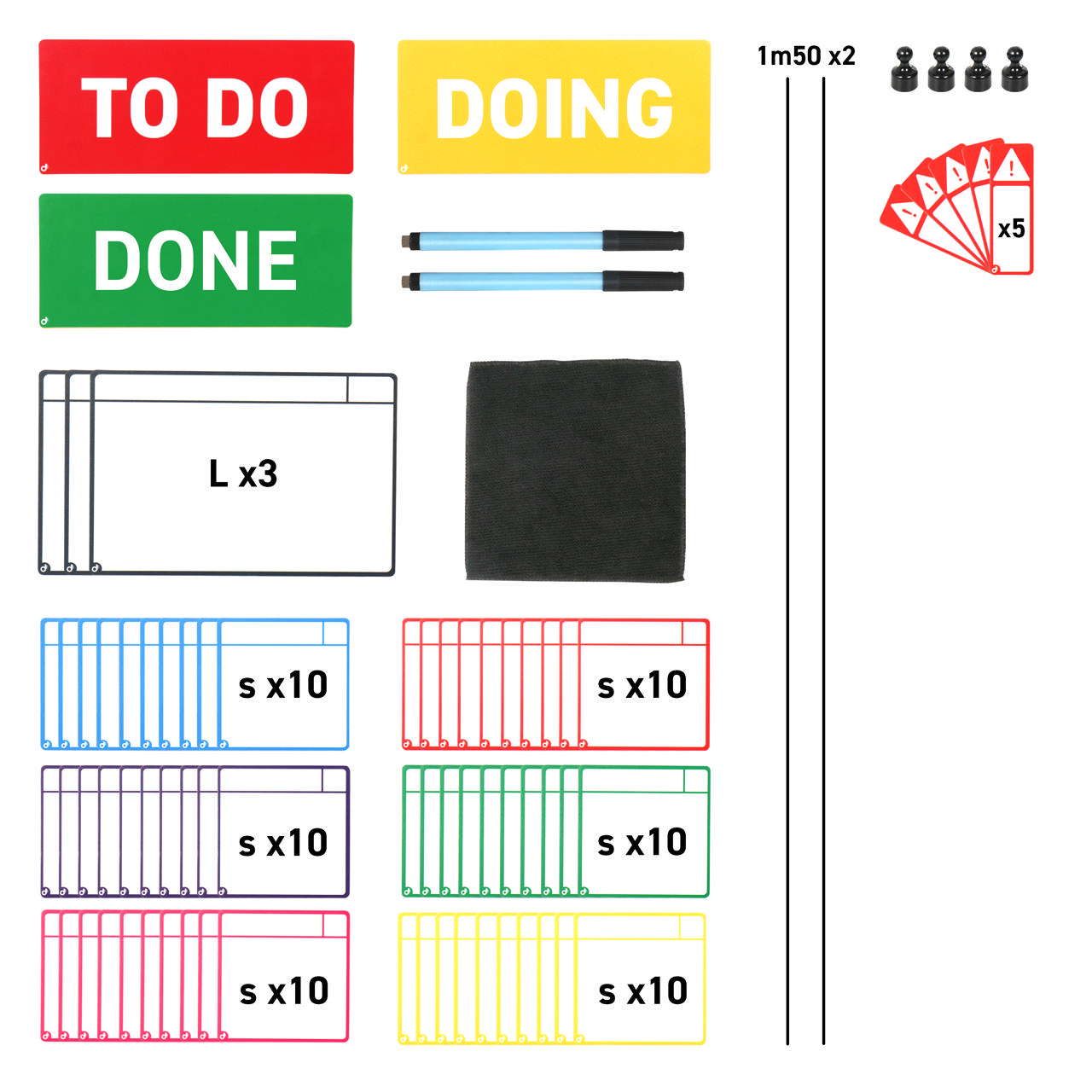 Magnetic Task Card Kit for Kanban Board, 3 Columns, M Cards
