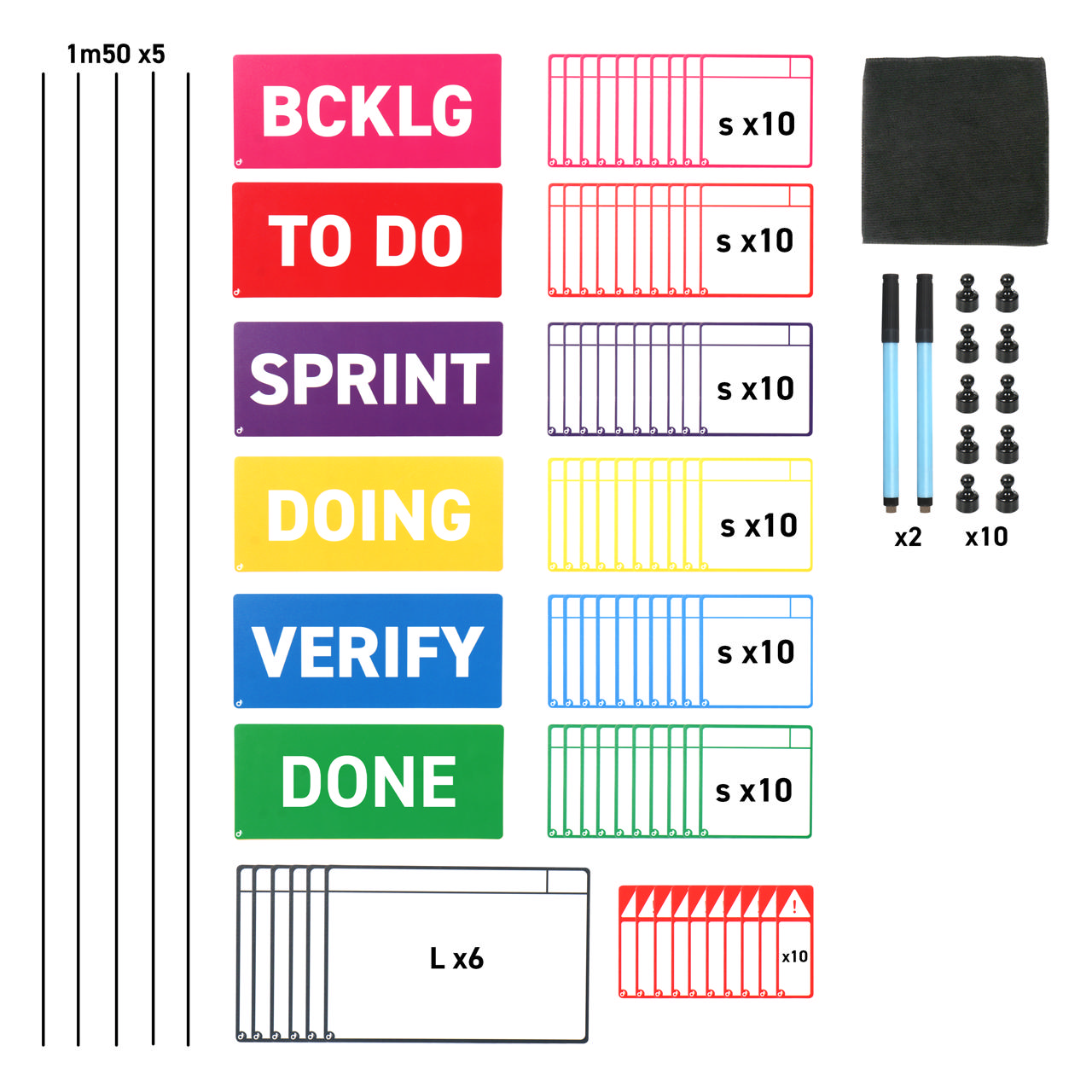 Magnetic Task Card Kit for Scrum Board, 6 Columns, S Cards