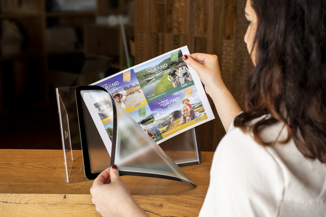 Acrylic Table Top Sign Holder with A4 Magneto Frame Display Pocket, Slanted L-Shape